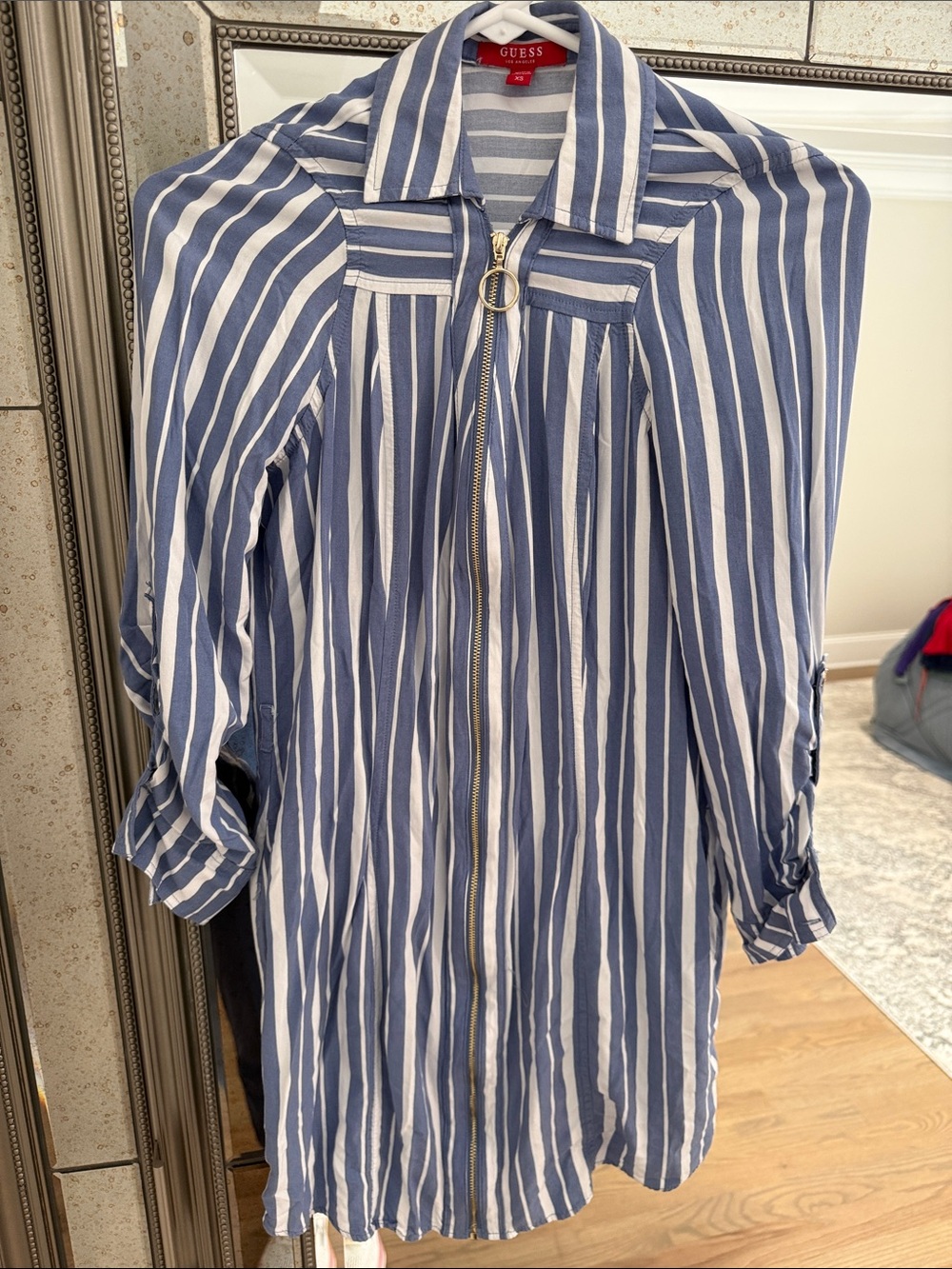 GUESS Blue and White Striped Zip-Front dress
